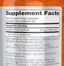 NOW Creatine Monohydrate 120 Capsules 750 mg - Image 2